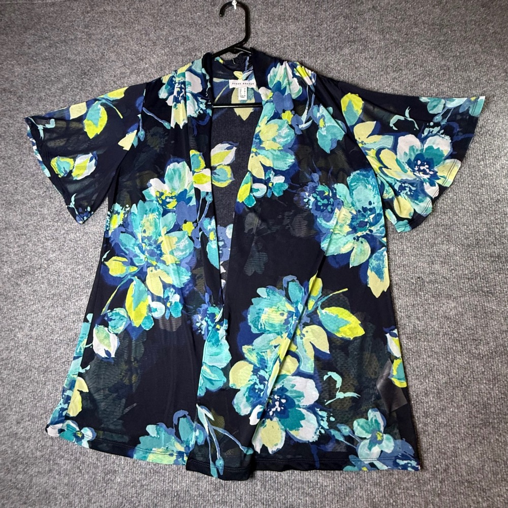 Susan Graver Womens Floral Mesh Open Front Cardigan Blue Green Short Sleeve Med